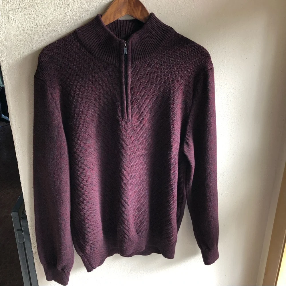 Calvin Klein 1/4 Zip Cotton Sweater. Burgundy/ Black Marled. XL